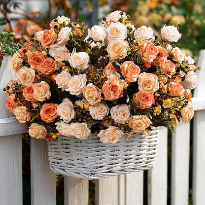 Artificial Rose Flowers for Outdoor 4 Bundles Rose Bouquet with Daisy Faux Flowers UV Resistant for Home Indoor Outside Garden Porch Window Box Balcony Yard Porch Decor (White+Orange)