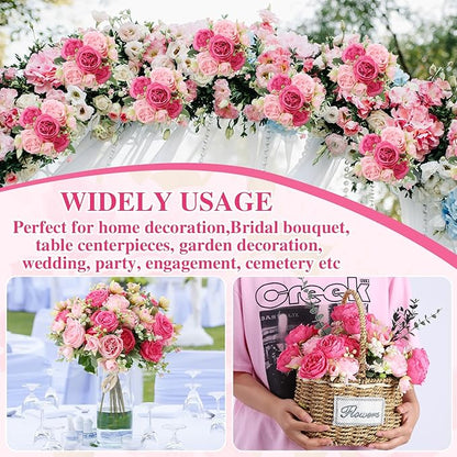 16 Pack Pink,Hot Pink Peonies Artificial Flowers,Fake Silk Hydrangea Bouquet for Bridal Wedding Home Table Decor Reusable Dining Opening Ceremony Birthday Arrangement Faux Floral