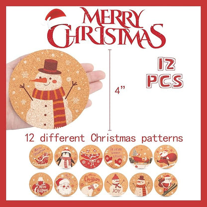 HANSGO 12PCS Christmas Cork Coasters, Cork Cup Mat Xmas Wooden Coasters for Drinks Xmas Party Home Kitchen Table