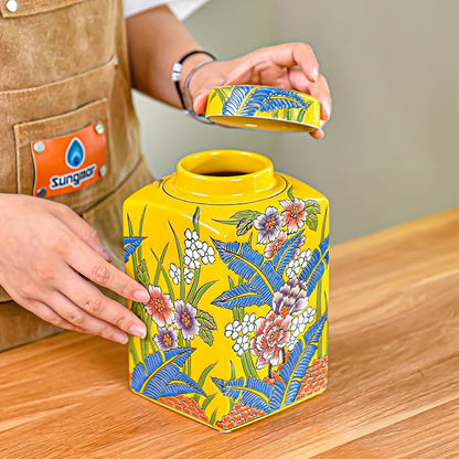 Sungmor Decorative Ceramic Ginger Jar with Lid, Square Ceramic Storage Jar Tea Canister, 8.2" Hand Painted Floral Pattern Porcelain Vase for Table Centerpiece, Yellow Glazed Ginger Jar for Home Decor