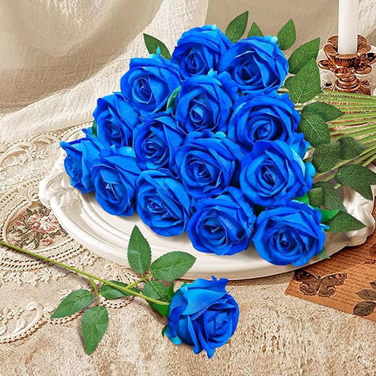 22 Pcs Artificial Roses - Realistic Velvet Flowers with Stems, Bulk Faux Roses for Home Wedding Party Decor (Blue)