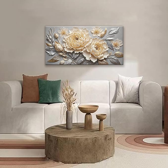 Canvas Art Wall Decor Prints Picture Flower Wall Art Landscape Painting Silver White Floral Wall Art Bedroom Bathroom Office Home Wall Decor 20" X 40" Ready To Hang