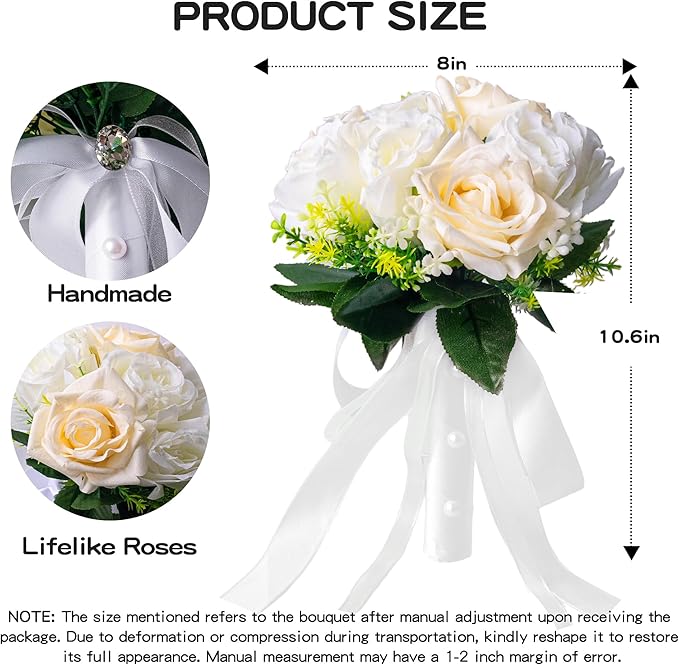 Wedding Bouquets for Bride - Realistic Silk Flowers Artificial Roses, 8 Inch Bridesmaid Bouquet for Ceremony, Church, Anniversary, and Home Decoration (White & Champagne)