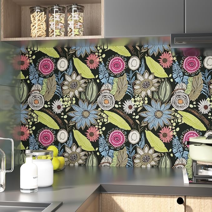 Boho Wallpaper Peel and Stick,Dark Green Vintage Floral Contact Paper, Retro Botanical Flowers Bohemia Wall Paper Self Adhesive Removable Waterproof for Bathroom Shelves Cabinet Table 17.5" x 118"