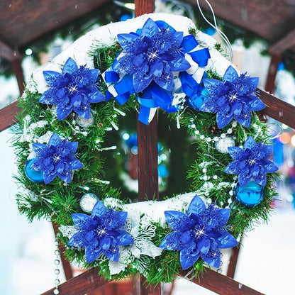 Geosar 36 Pcs Christmas Glitter Artificial Poinsettia Flowers Xmas Poinsettia Artificial Wedding Flowers Decorations Xmas Tree Ornaments with Clips for Party, 6 Inch, 4 Inch, 3 Inch(Royal Blue)