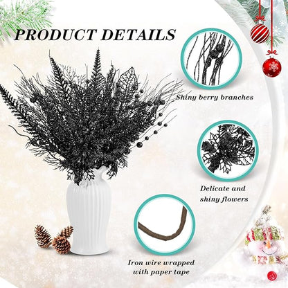 30 Pcs Artificial Christmas Tree Picks and Sprays Glitter Berry Stem Branches Holly Floral Picks Twigs Christmas Tree Ornaments for DIY Xmas Wreath Vase Filler Decorations(Black)