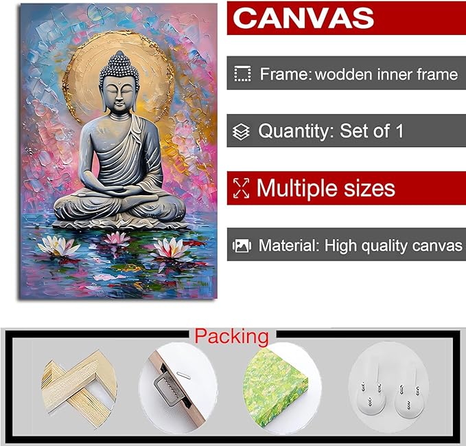 Lotus and golden Buddha meditation tranquil zen wall art mindfulness wall art for spiritual harmony and tranquility decor 16x24in Wood Framed