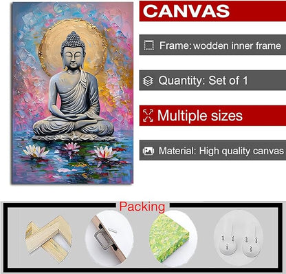 Lotus and golden Buddha meditation tranquil zen wall art mindfulness wall art for spiritual harmony and tranquility decor 24x36in Wood Framed