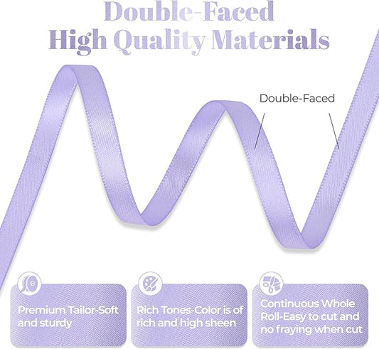 Premium Double Faced Satin Lavender Ribbon, 1/4 Inch X 50 Yards, Polyester, Wedding, Birthday, Holidays, Purple Lavender