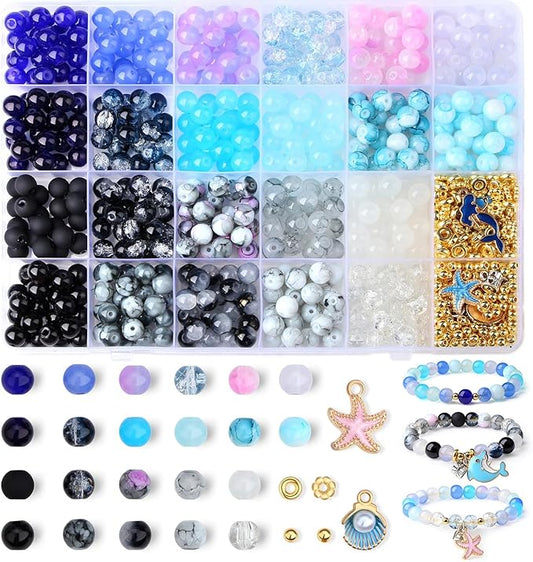 DUQGUHO 8mm Black Blue and White Beads for Bracelets Summer Beach Glass Beads for Jewelry Making 24 Grids Round Beads Bulk 520PCS