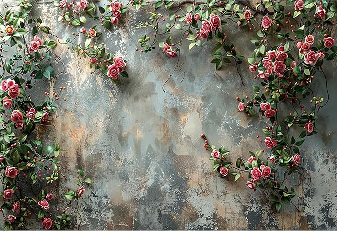 Baocicco 9x6ft Vinyl Old Floral Wall Photography Background Retro Texture Wall Grain Pink Rose Fairytale Birthday Backdrops Medieval Wedding Events Party Decorations Newborn Baby Shower Studio