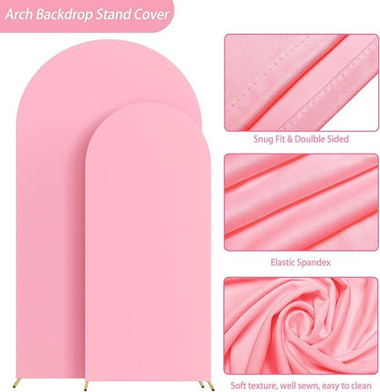 Putros Metal Arch Stand with Cover Set of 2 Pink Spandex Fitted Wedding Arch Cover and Round Top Chiara Backdrop Stand for Birthday Party Baby Shower Decoration 7.2FT, 6FT