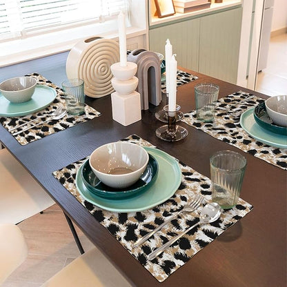 Placemats 4 pcs Leopard Double-Layer Imitation Linen Place Mats Non-Slip Heat-Resistant Tablemats for Home Restaurant Hotel 18×12 Inch