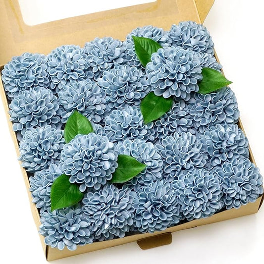 Artificial Wedding Cake Flowers Dahlia Flowers 25 pcs Fake Roses w/Stem for DIY Wedding Decor Centerpieces Arrangements Bouquets (Light Grayish Blue)