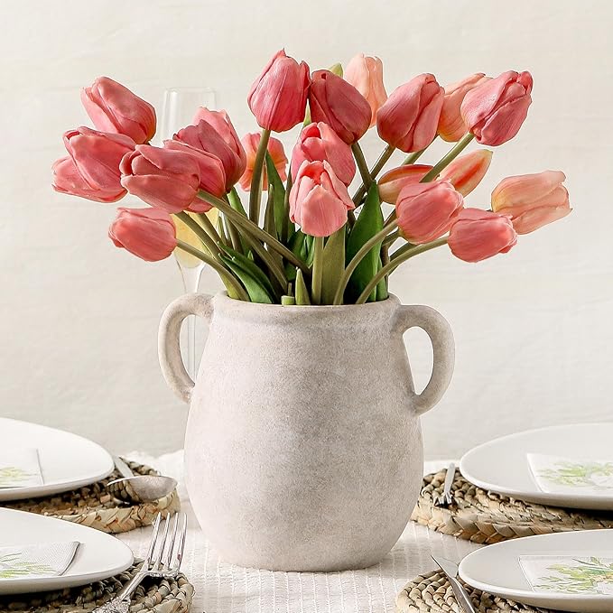 Ceramic Flower Vase Home Decor - 7.1 Inch White Rustic Table Flowers Vases Living Room Bedroom Plant Decoration Modern Farmhouse Vintage for Kitchen Shelf Office Coffee Dining Desk House Women