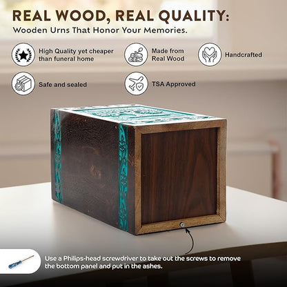 INTAJ Cremation Urn for Human Ashes - Wooden Urn Box for Ashes Handcrafted - Tree of Life Memorial Urn Funeral Cremation Urns (Teal Green, X-Large (250lbs or 115kg))