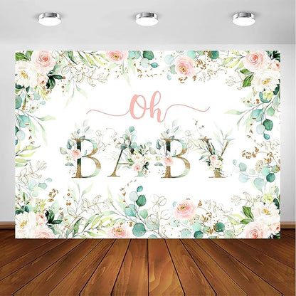 Avezano Greenery Girl Oh Baby Backdrop for Baby Shower Decoration Photography Background Blush Pink and Gold Floral Eucalyptus Greenery Leaves Baby Girl's Shower Party Photoshoot (8x6ft)
