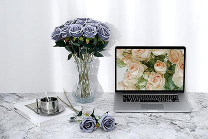 SITUMEIZI 15PCS Artificial Roses Silk Flowers Fake Roses Realistic Bouquet Long Stem with Gift Box for Mother's Gift Day Home Party Wedding Decorations(Silver)
