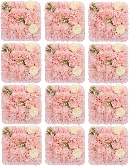 12Pcs Artificial Flower Wall Panel 3D Floral Backdrop Walls 15" X 15" Flower Wall Decor Flower Backdrop Faux Flowers Panel for Party Home Background Decor, Pink/Champagne