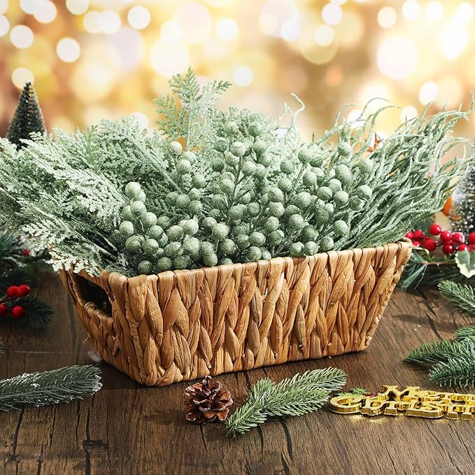75 Pcs Christmas Glitter Branches 3 Styles Artificial Christmas Picks Berries Stems Pine Needles Floral Twig Spray for Xmas Tree Ornaments DIY Wreath Garland(Light Green)