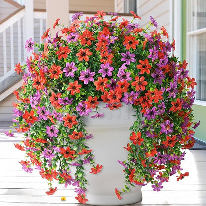 Artificial Fake Flowers Plants for Outdoor Spring Summer Decoration, 2 PCS Faux Silk Daisy Flower UV Resistant Look Real for Outside Patio Porch Garden Balcony Home Summer Decor(Red Purple)