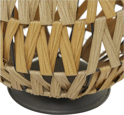 Deco 79 Plastic Rattan Handmade Decorative Candle Lantern with Wrapped Zig Zag Design, 11" x 11" x 19", Light Brown