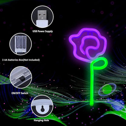 ENUOLI LED Neon Pink Rose Flower with Green Stem Wall Sign for Cool Light, Wall Art, Bedroom Decorations, Home Accessories, Party, and Holiday Decor Valentine's Day Present(Purple Rose)