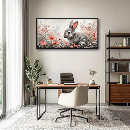 Framed Large Pictures Wall Art for Living Room, Rabbit Bunny Oversized Wall Decor Animal Floral Canvas Print Painting Modern Extra Large Framed Artwork for Bedroom Office 60"x30"