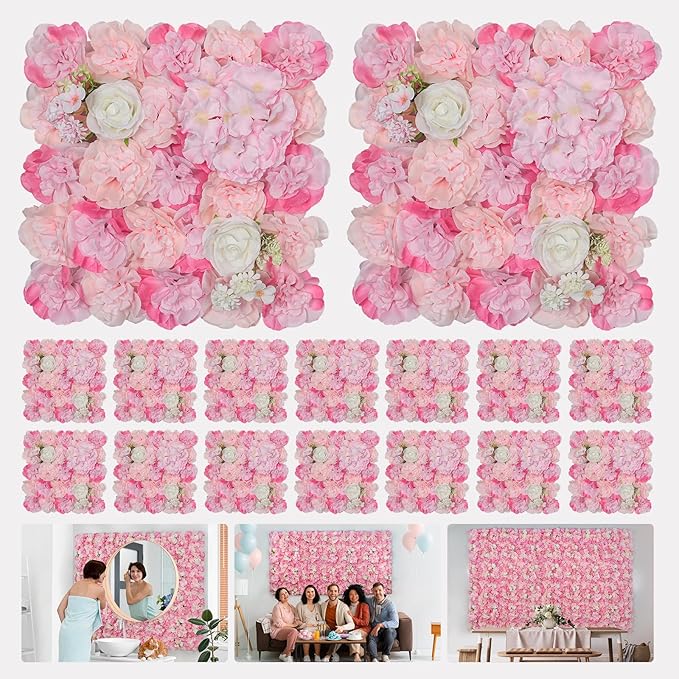 Artificial Flowers Wall Backdrop 16pcs 16.5x16.5 Inch Silk Rose Floral Wall Panel Decor Ideal for Wedding Celebrations, Festive Party Birthday Backdrops and Elegant Home Decor- Pink