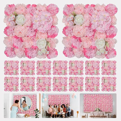 Artificial Flowers Wall Backdrop 16pcs 16.5x16.5 Inch Silk Rose Floral Wall Panel Decor Ideal for Wedding Celebrations, Festive Party Birthday Backdrops and Elegant Home Decor- Pink