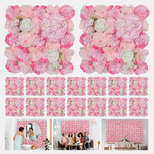 Artificial Flowers Wall Backdrop 16pcs 16.5x16.5 Inch Silk Rose Floral Wall Panel Decor Ideal for Wedding Celebrations, Festive Party Birthday Backdrops and Elegant Home Decor- Pink