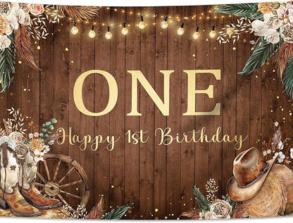 SVBright Western Cowgirl First Birthday Backdrop 7Wx5H One Year Old Retro Pampas Grass Country Flower West Rustic Wooden Boots Hat Decorations Photography Background Banner Photo Booth Studio