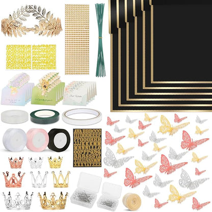 260Pcs Flower Bouquet Wrapping Paper Kit, 60 Sheets Black Waterproof Paper, 36 Butterflies, 8 Crowns, 1 Headband, 4 Ribbons, 15 Cards, 100 Diamond Pins, 30 Floral Wire, 3 Stickers, 3 Tapes (Black)