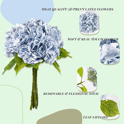 Yatim 21In Blue Artificial Hydrangea Flowers 5 Pcs Real Touch 3D Print Latex Flowers for Wedding Centerpieces Bouquets DIY Floral Decor Home Decoration with Stems
