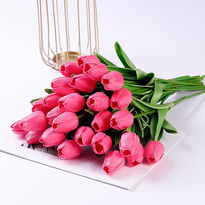 Sggvecsy 15 Pcs Fake Tulips Artificial Flowers Real Touch PU Faux Flowers Tulip Stems for Wedding Spring Bouquet Floral Arrangement Home Party Office Decorations for Mother's Day (Dark Pink)