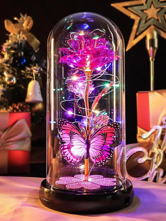Christmas Rose Gifts for Women Birthday Gift Rechargeable Galaxy Glass Rose Light Up Roses In Glass Dome Forever Crystal Flowers Butterfly Xmas Gifts for Women Wife Grandma Her Sister Friends Pink