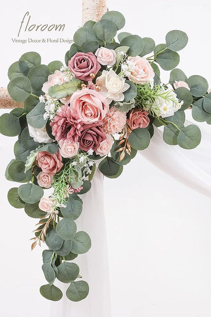 Floroom Arch Flowers with Drapes Kit (Pack of 4) - 2pcs Artificial Dusty Rose & Blush Floral Swag Arrangement with 2pcs Draping Fabric for Wedding Ceremony Arbor and Reception Backdrop Decoration