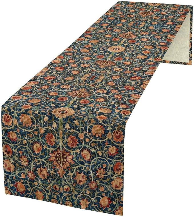 William Morris Table Runner, Boho Rustic Ethnic Flower Original Design Print Table Runner for Home Party Dining Room Kitchen Decor 13x60 Inch