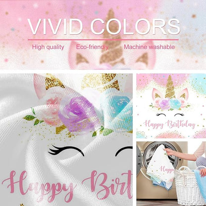 Mocsicka Unicorn Birthday Decorations Backdrop for Girls Party 6x4ft Pastel Rainbow Glitter Stars Dots Happy Birthday Banner Photo Booth Props