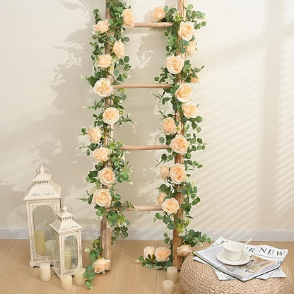 Dolicer 2Pcs 13Ft Artificial Eucalyptus Garlands with Flowers - 8 Roses, Faux Floral Greenery Garlands Fake Flowers Vines for Wedding Table Centerpieces Arch Party Ceremony Backdrop Decor (Champagne)
