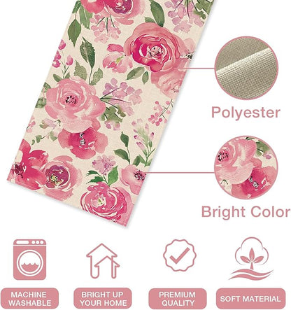 Seliem Spring Summer Watercolor Flower Table Runner, Pink Peony Floral Kitchen Dining Table Decor, Seasonal Burlap Home Decoration Indoor Outdoor Party Supply 13 x 72 Inches