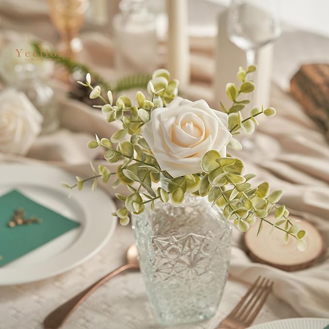 Artificial Flowers, 100pcs Artificial Rose for DIY Wedding Bouquets Centerpieces Arrangements, Champagne Foam Rose with Stem for Bridal Shower Party Home Decorations
