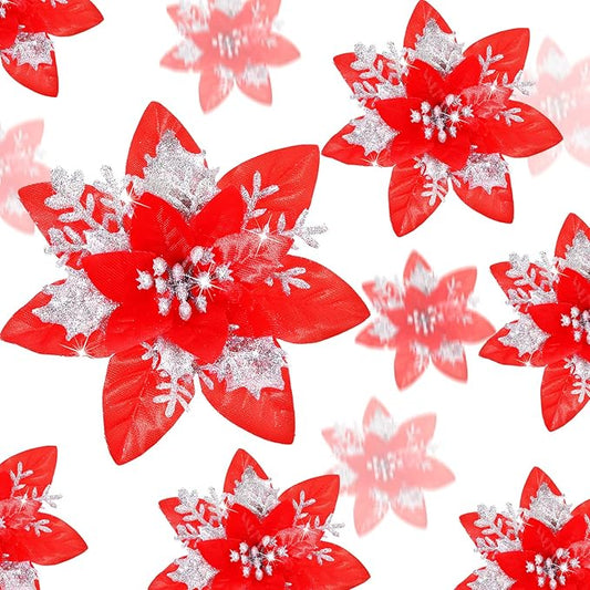 24 Christmas Glitter Artificial Poinsettia Flowers Xmas Poinsettia Artificial Wedding Flowers Decorations Xmas Tree Ornaments with Clips for Party Favors, 6 Inch, 4 Inch, 3 Inch (Red and Silver)