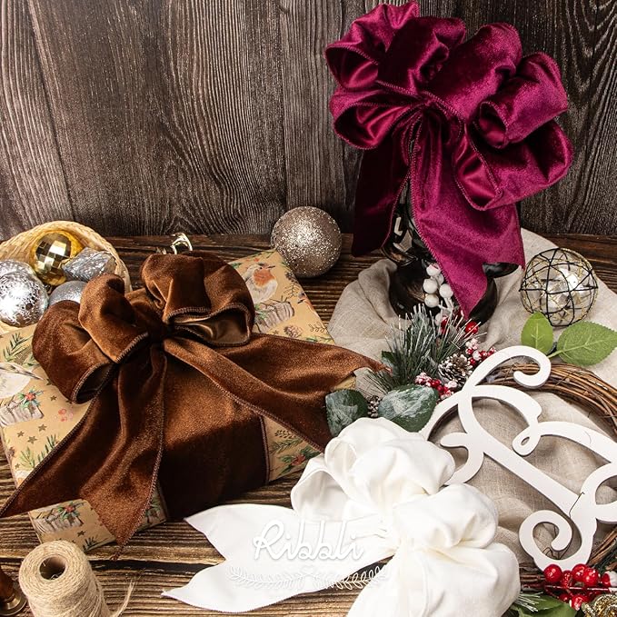 Ribbli Burgundy Velvet Wired Ribbon 4 Inch Velvet with Satin Christmas Ribbon for Gift Wrapping Christmas Tree Decoration Crafts Wreaths Supplies-Continuous 10 Yards