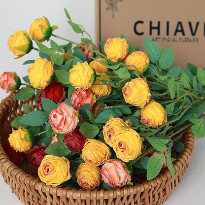 CHIAVE 8pcs 24 Flower Buds Artificial Vintage Roses Fake Silk Rose Flowers with Long Stem for DIY Bouquets Wedding Centerpiece Party Home Kitchen Shorp Decoration-Yellow
