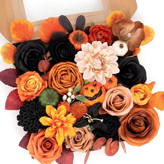 Halloween Decor Artificial Flowers Black Roses with Pumpkins, Box Set Fake Flowers for, Indoor and Outdoor Front Party Party Decorations (Halloween Pumpkins are Orange and Black)