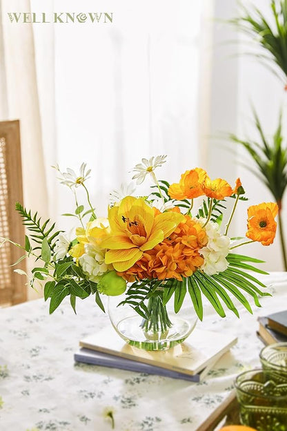 WELL KNOWN Artificial Silk Flowers in Glass Vase for Dining Table Decor, Tropical Orange Orchid Flowers Bouquet Arrangement with Faux Water for Home Office Wedding Party Dining Table Centerpieces Gift