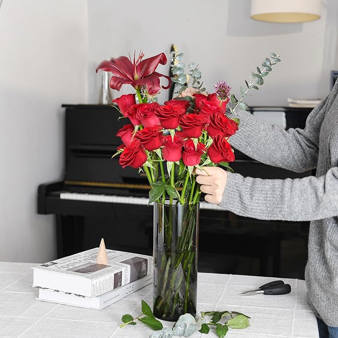 Flower Vase, Non-breakable Vases, 6" W x 6" H, Acrylic Grey Vase, Aesthetic Room Decor Cylindrical Modern Flower Vases for Table Centerpiece, Home Decor, Women Floral Arrangement Gift