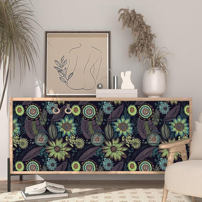 Vintage Boho Wallpaper Peel and Stick, Gothic Floral Contact Paper, Retro Flowers Bohemia Wall Paper Self Adhesive Removable Waterproof for Walls Shelves Cabinet Table 17.5" x 118"(Dark Purple, Green)