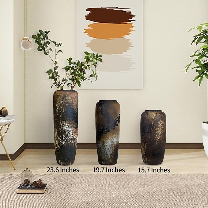 Black Rustic Ceramic Tall Floor Vase, 23.6 Inch Vintage Large Farmhouse Vase Pottery Clay Terracotta Rustic Vases for Home Decor Living Room Entryway Table Centerpieces,Kitchen,Housewarming Gifts